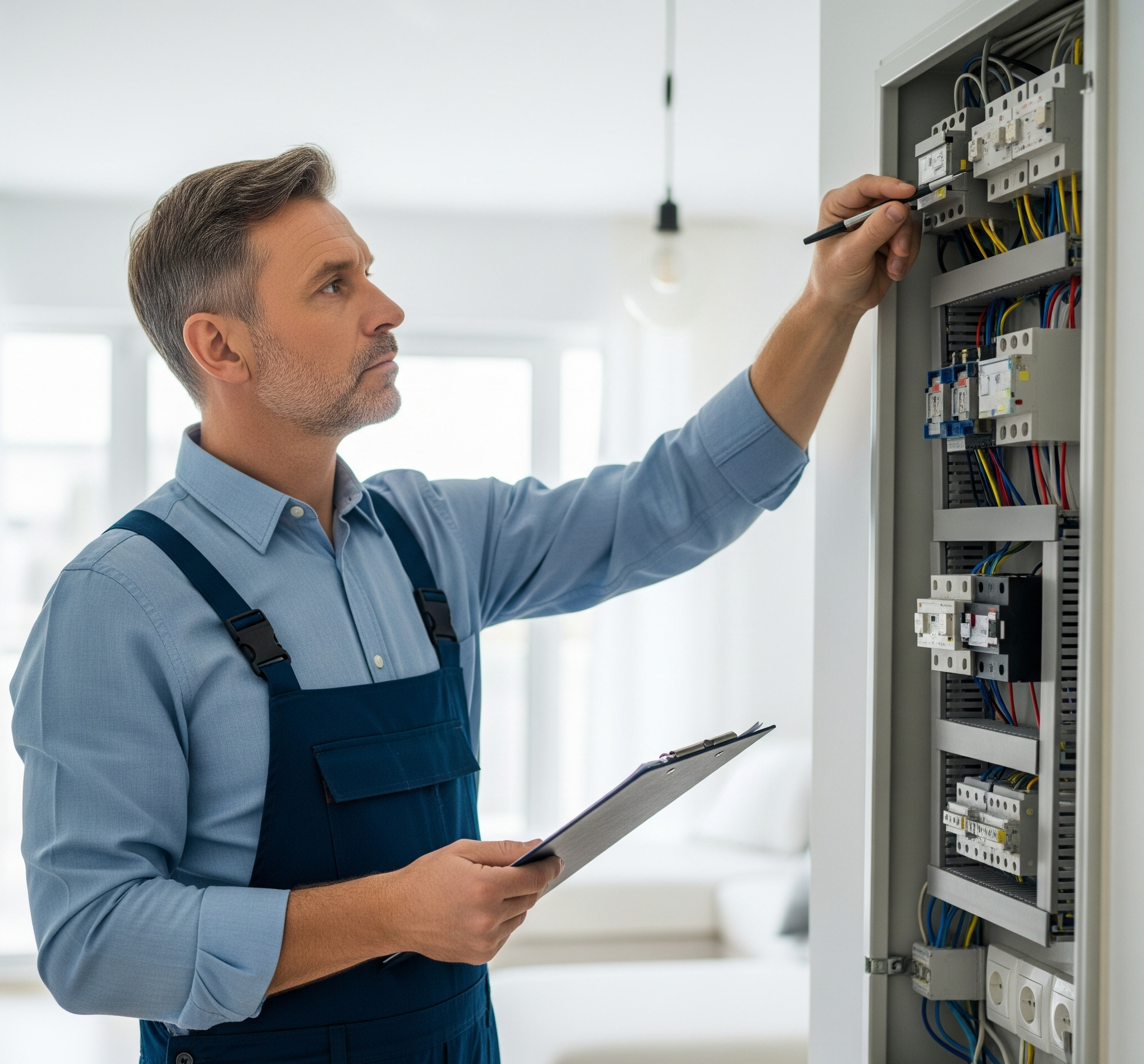 Elektryk z miernikiem sprawdzający starą skrzynkę z bezpiecznikami w mieszkaniu w Grudziądzu