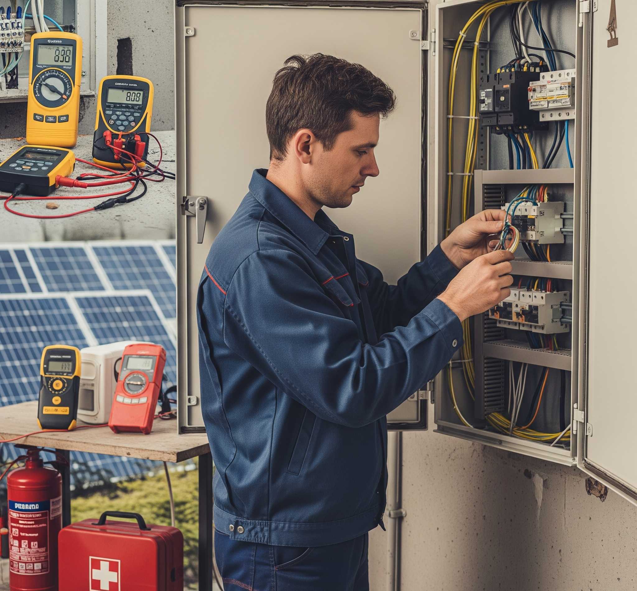 Elektryk z narzędziami, sprawdzający instalację, symbolizujący wybór dobrego elektryka w Grudziądzu