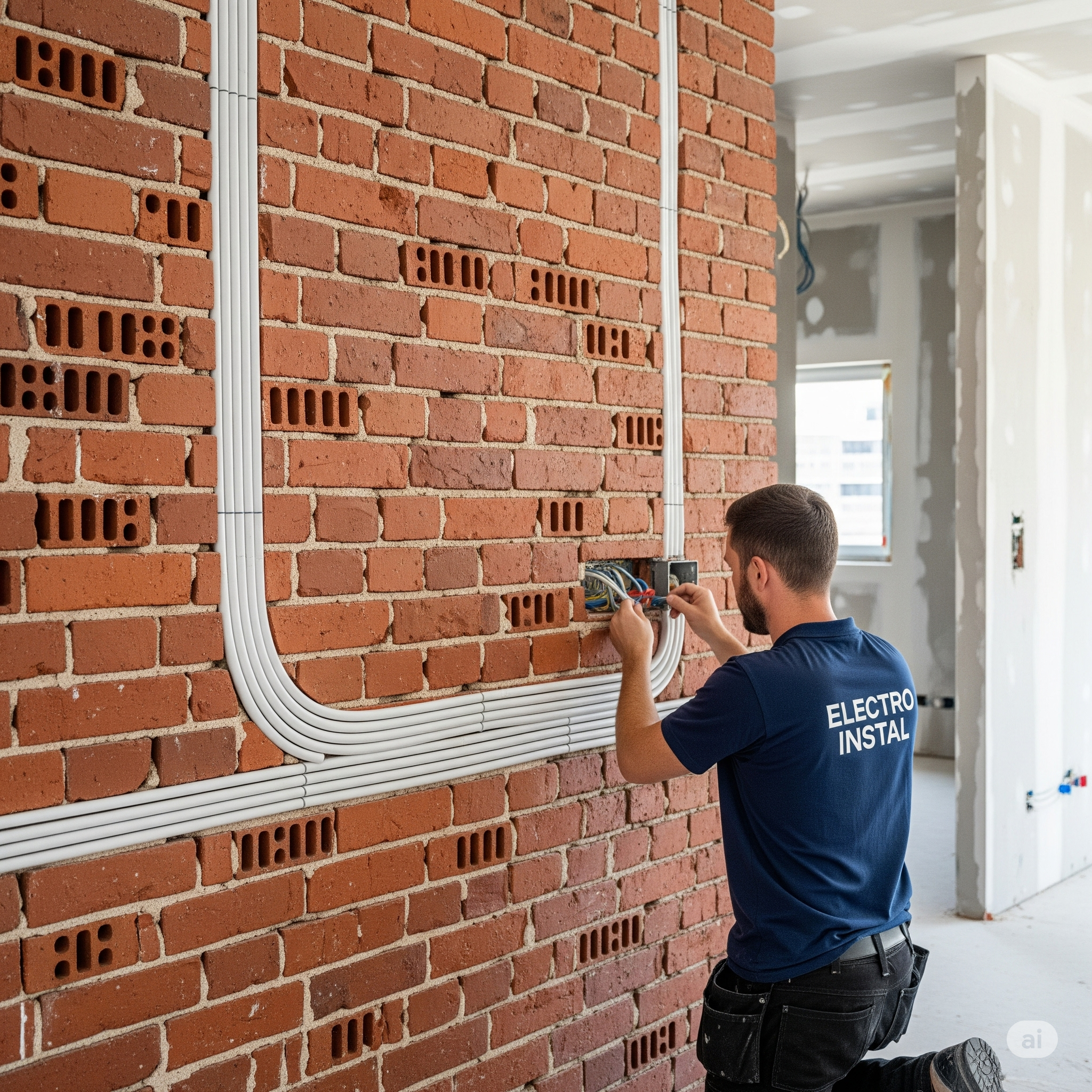 Nowa instalacja elektryczna w bloku - elektryk montuje okablowanie w ścianie podczas remontu w Grudziądzu.